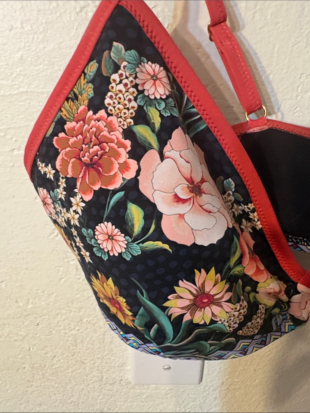 Johnny Was Navy Floral Bikini with Coral Trim - Picture 4 of 11